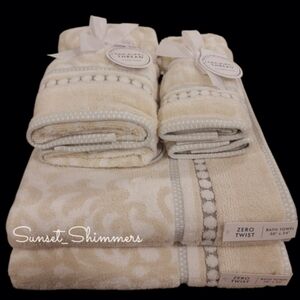 Common Thread 6pc Damask Bath Hand Tip Towel Set Tan Gray Zero Twist Cotton New